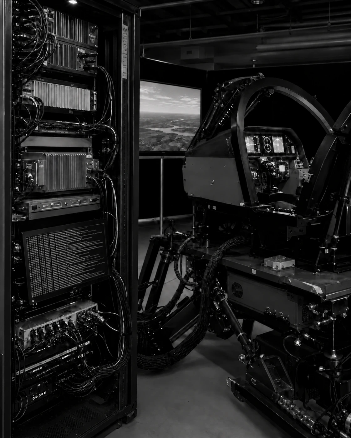 Flight simulator with dense small Linux console text on the left equipment rack