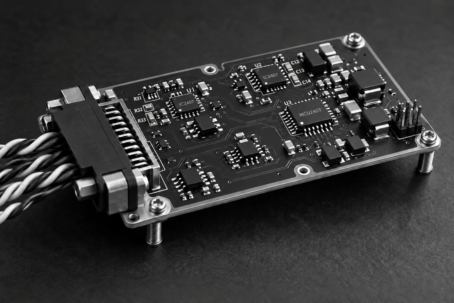Printed circuit board with component markings and white silkscreen labels