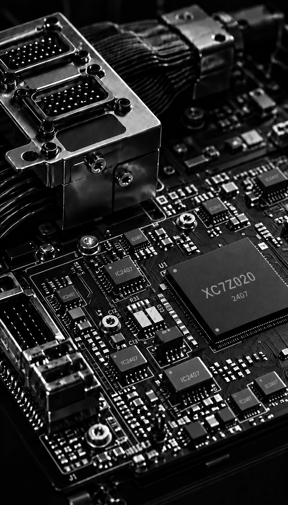 Close-up printed circuit board with readable chip markings and component reference designators